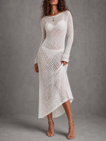 Boho Long Sleeve Hollow Knit Asymmetrical Midi Dress