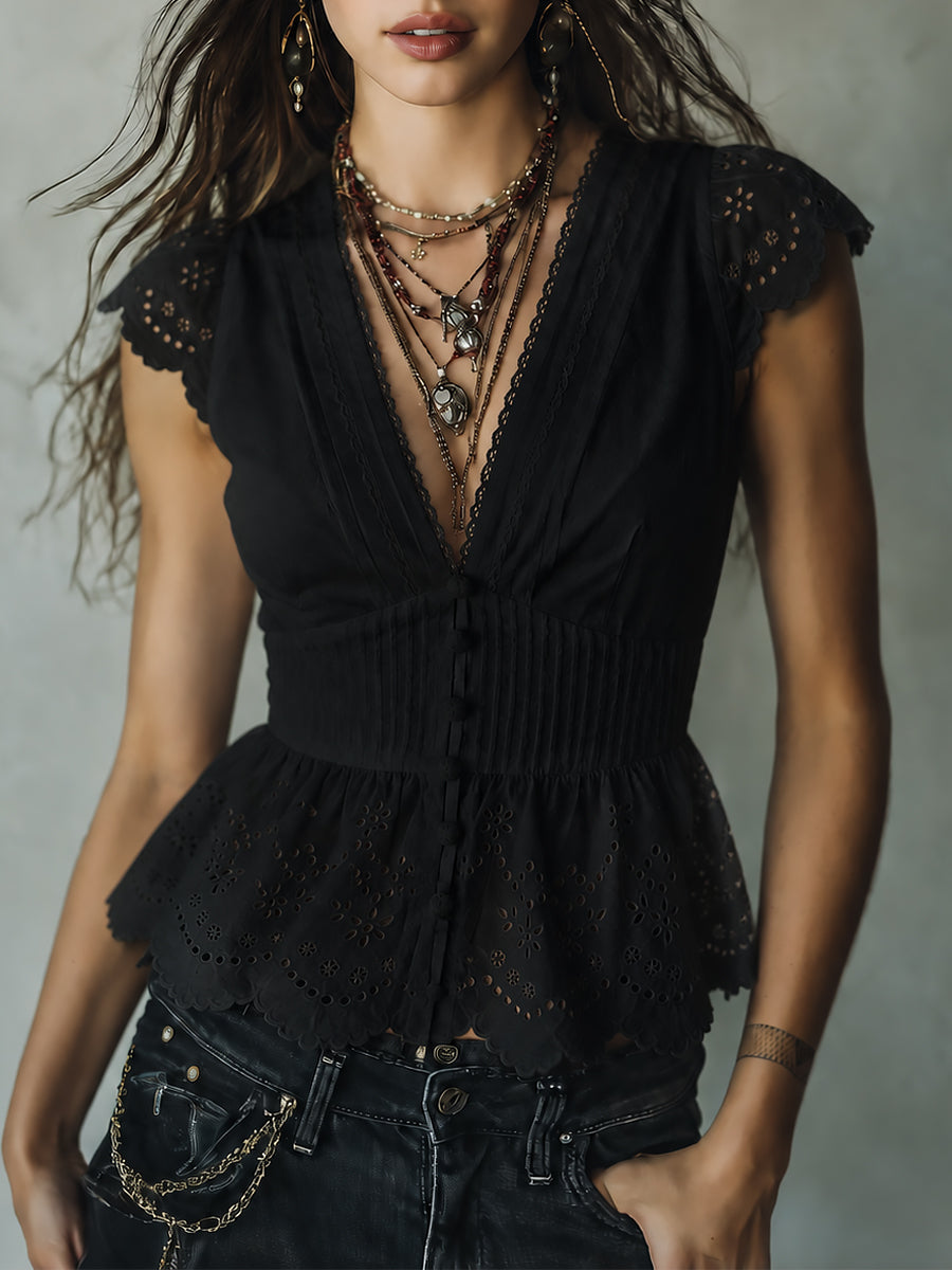 Vintage Cutwork Embroidery  Blouse With Ruffled Hem