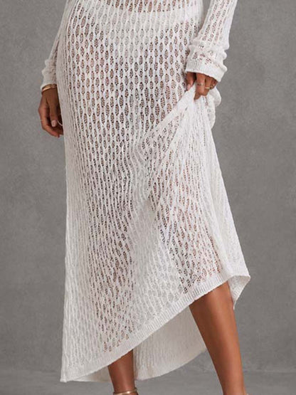 Boho Long Sleeve Hollow Knit Asymmetrical Midi Dress