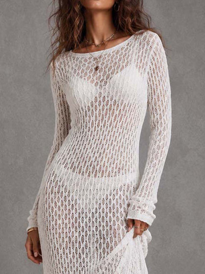 Boho Long Sleeve Hollow Knit Asymmetrical Midi Dress