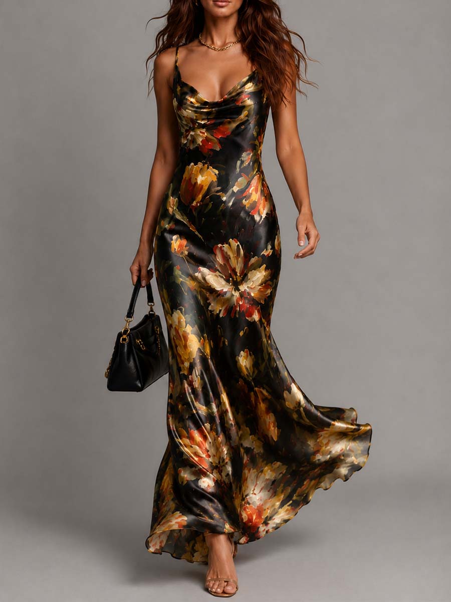 Draped Cowl Neck Floral Print Satin Mermaid Maxi Slip Dress