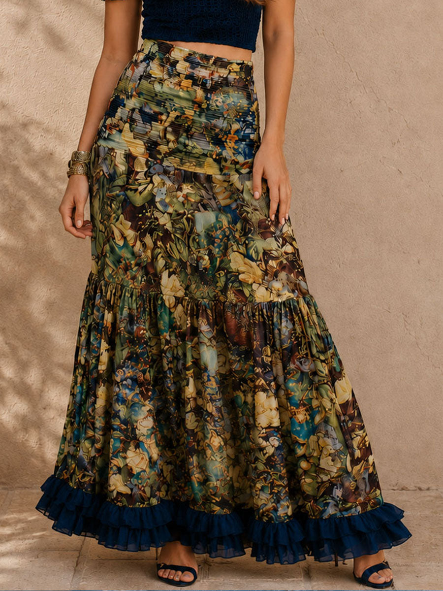 Boho Mesh Knit Top And Botanical Printnd Maxi Skirt Set