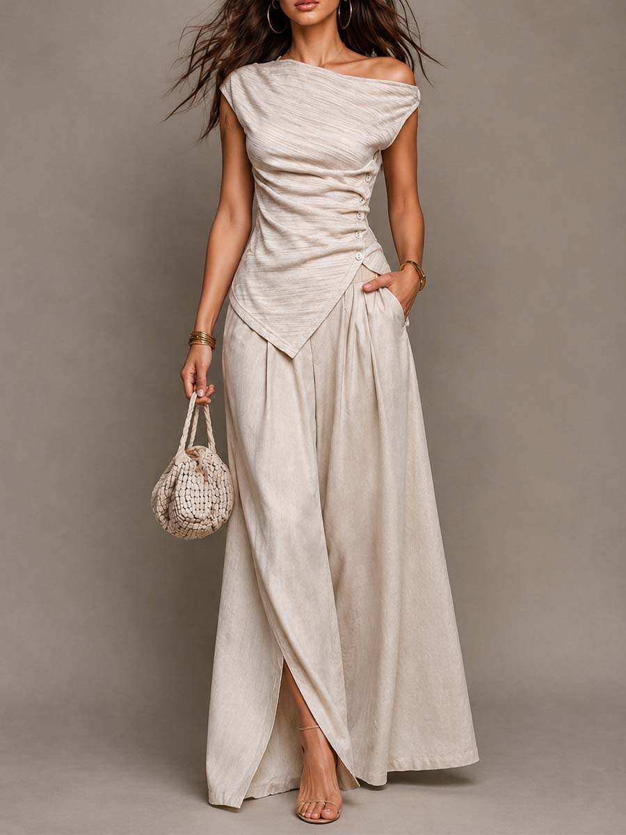 Boho Off Shoulder Ruched Button Asymmetrical Top & Split Wide Leg Pants Two Piece Set