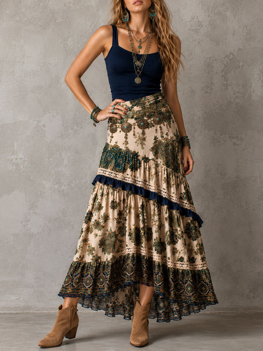 Vintage Boho Knit Tank Panel Floral Patchwork Skirt Maxi Dress
