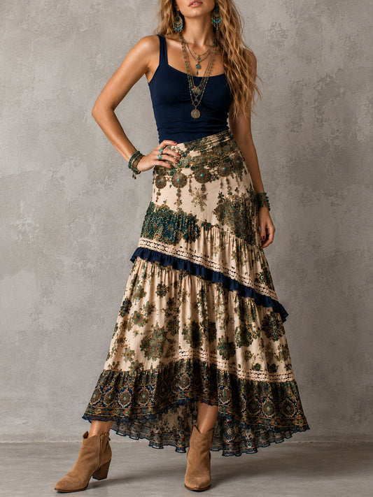Vintage Boho Knit Tank Panel Floral Patchwork Skirt Maxi Dress