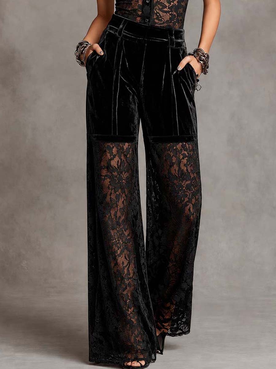Elegant Retro Sleeveless Collared Lace Spliced Velvet Wide Leg Jumpsuit