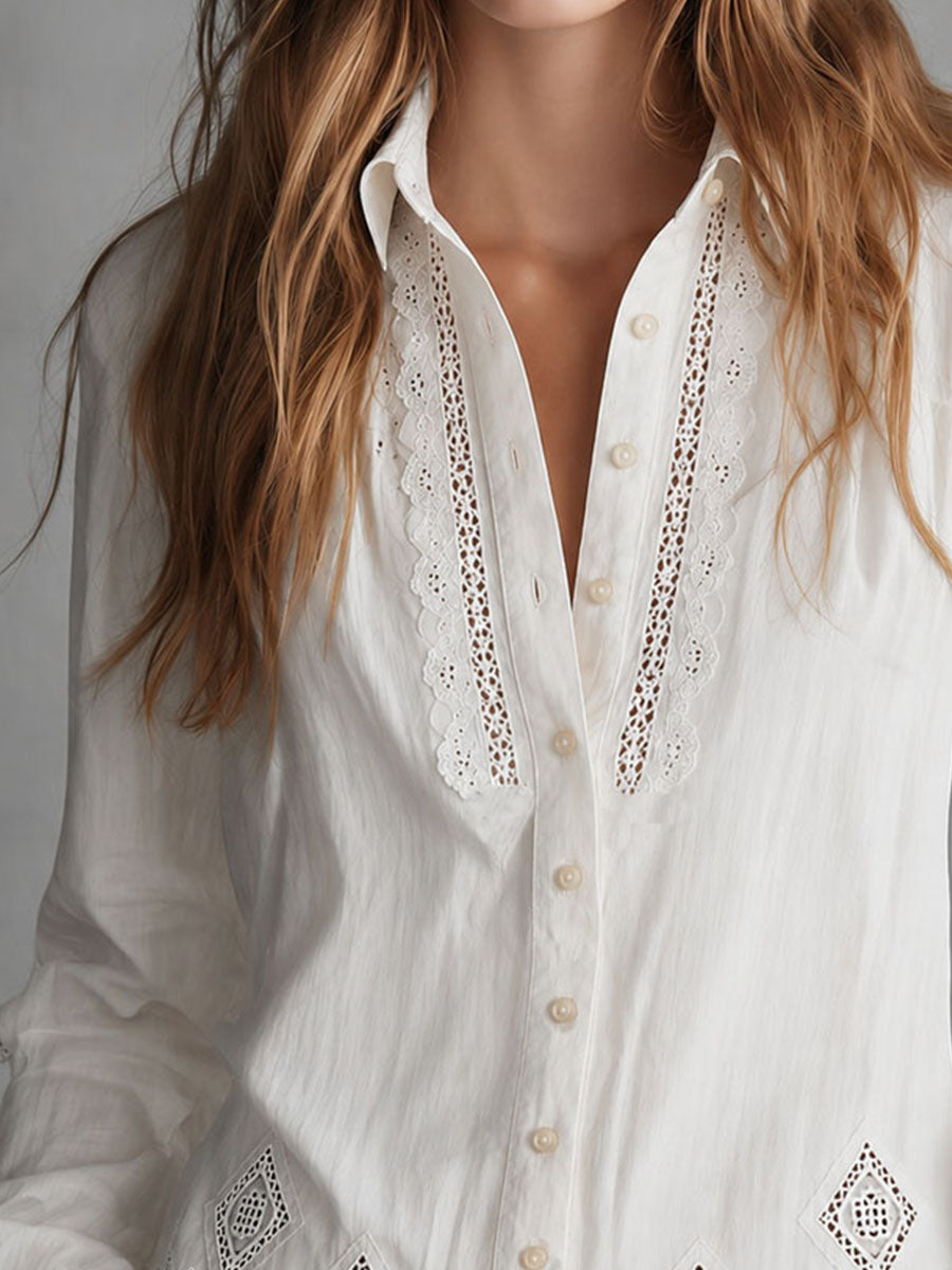 Boho Elegance White Eyelet Embroidered Button-Up Blouse