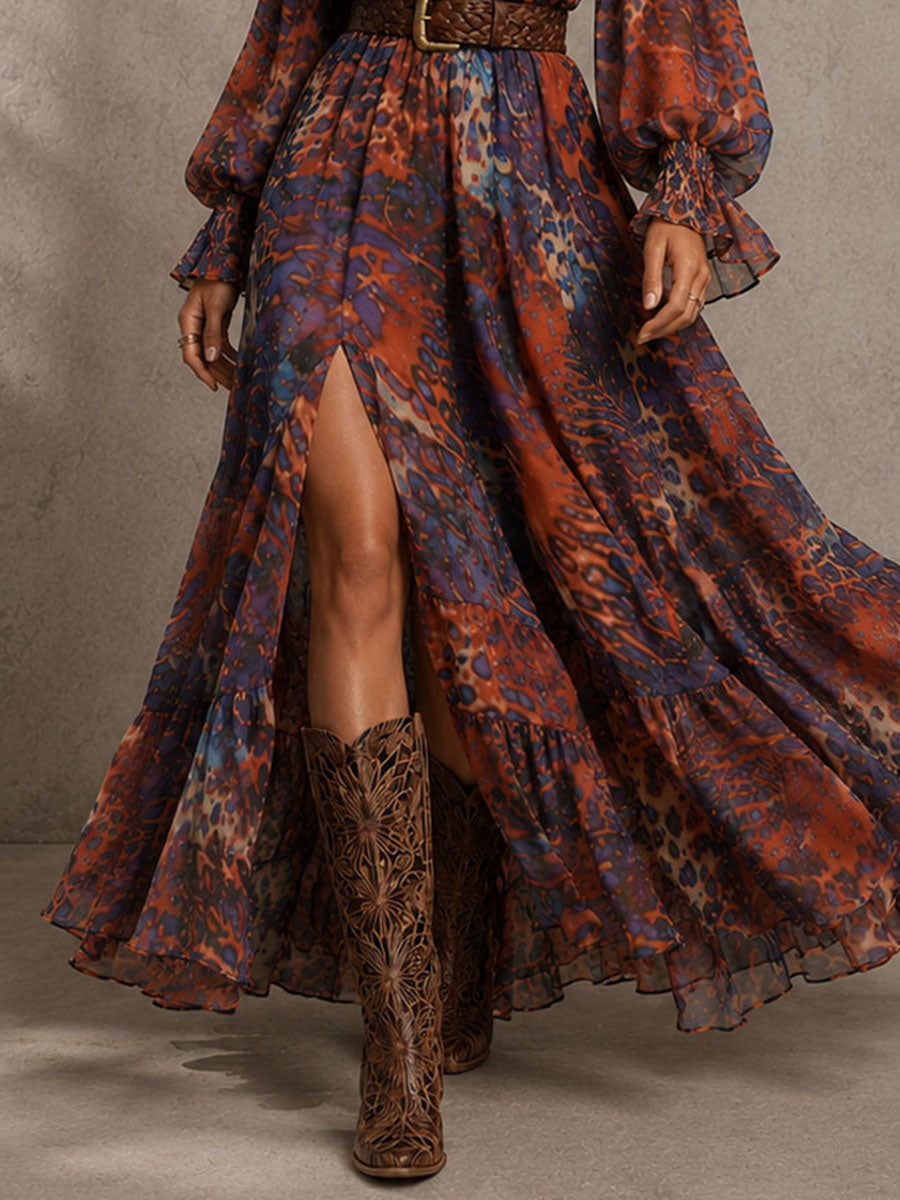 Boho Cold-Shoulder Halter Neck Abstract Print Chiffon Maxi Dress