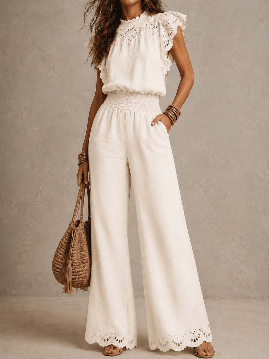 Boho Eyelet Embroidery Ruffle Sleeve Linen Jumpsuit