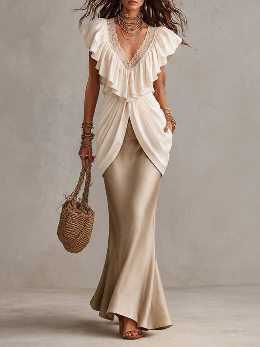 V Neck Ruffle Lace Trim Draped Overlay Satin Mermaid Maxi Dress