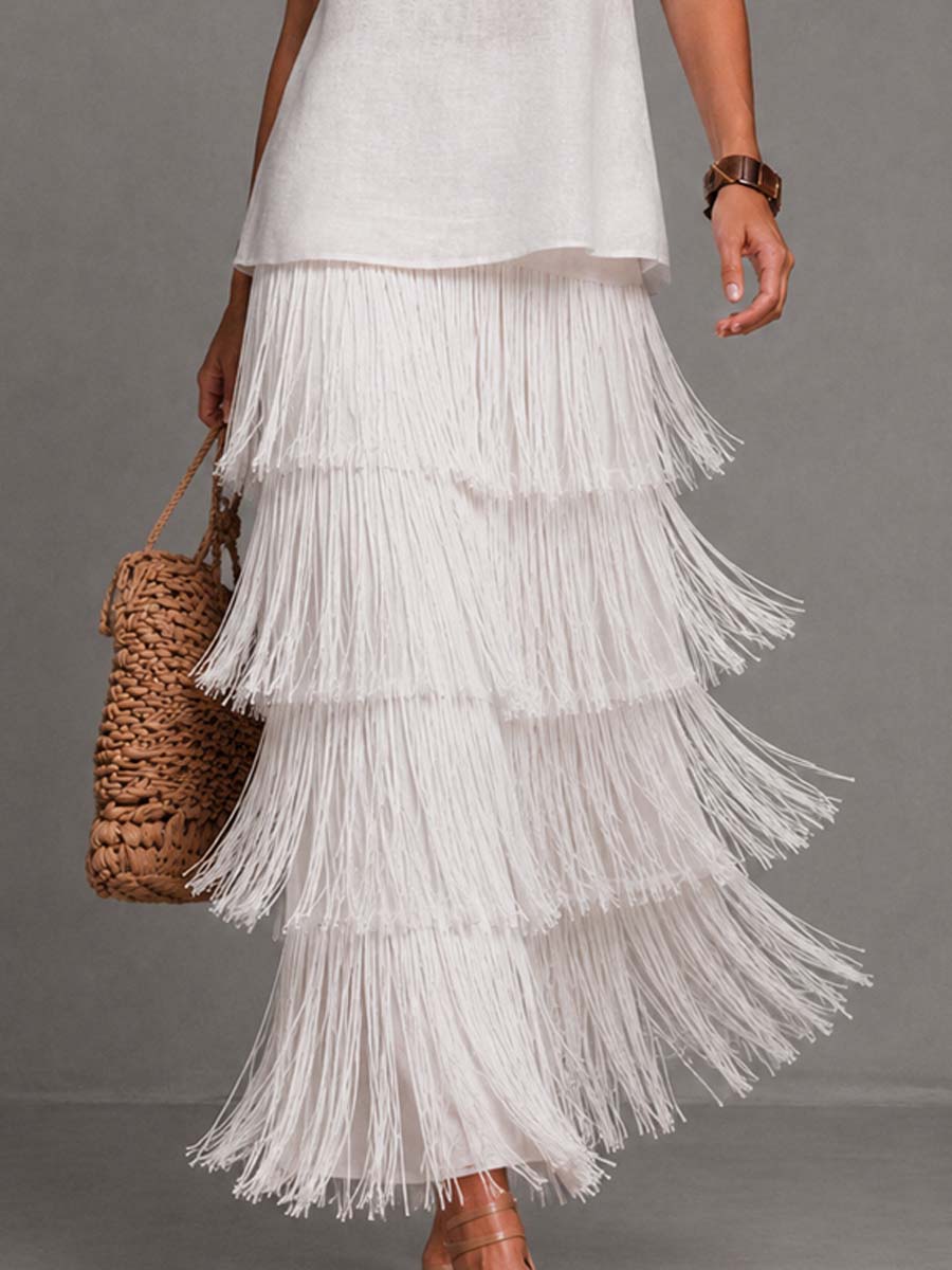 Elegant Linen Sleeveless Tank Top & Multi Layer Tassel Fringe Maxi Skirt Two Piece Set
