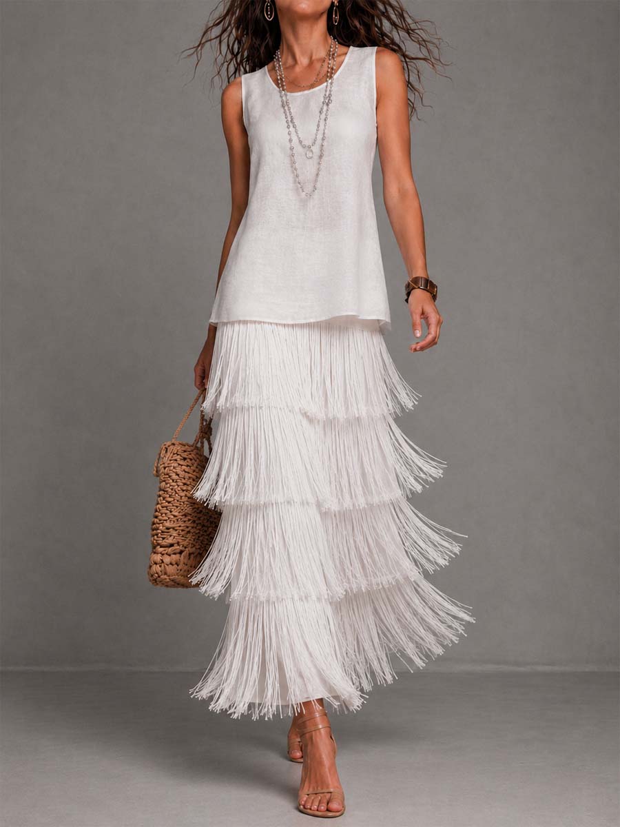 Elegant Linen Sleeveless Tank Top & Multi Layer Tassel Fringe Maxi Skirt Two Piece Set