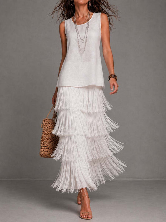 Elegant Linen Sleeveless Tank Top & Multi Layer Tassel Fringe Maxi Skirt Two Piece Set