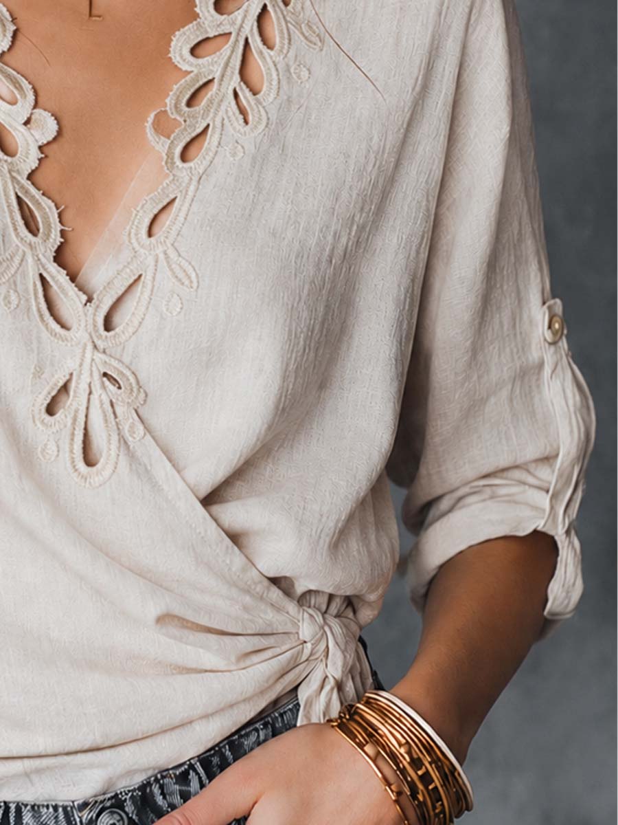 Boho Eyelet Cutout V Neck Wrap Tie Side Roll Tab Sleeve Linen Blouse