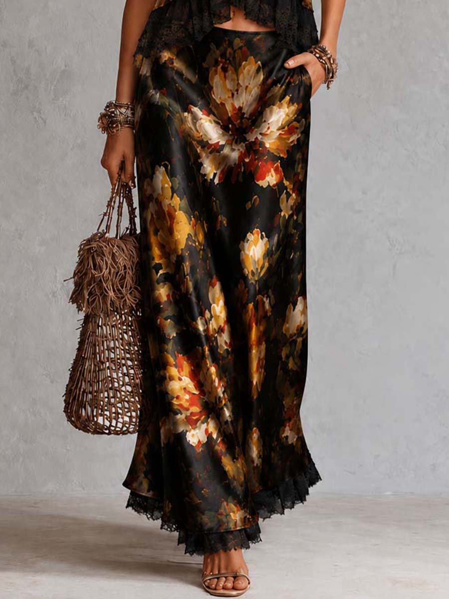 Retro V-Neck Lace Trim Floral Print Satin Cami Top & Midi Skirt Two Piece Set