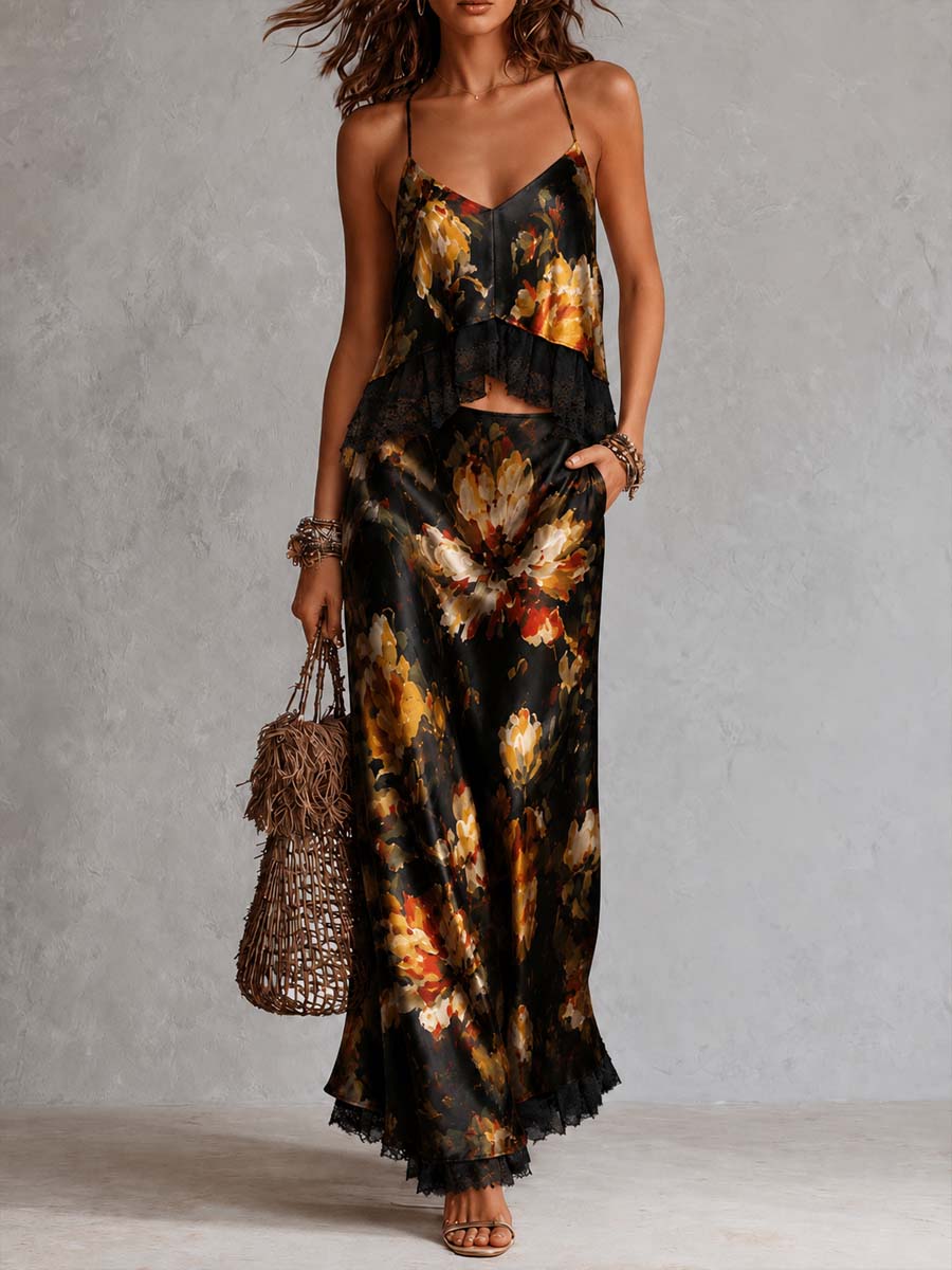 Retro V-Neck Lace Trim Floral Print Satin Cami Top & Midi Skirt Two Piece Set