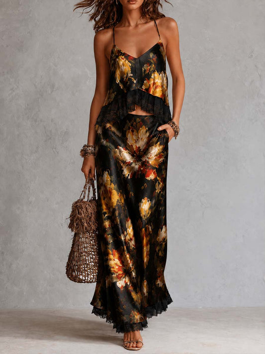 Retro V-Neck Lace Trim Floral Print Satin Cami Top & Midi Skirt Two Piece Set