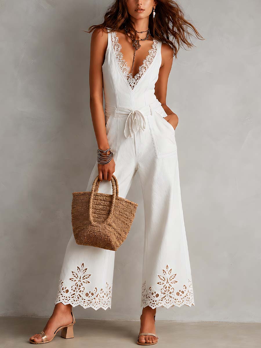 Vintage Lace Trim Cut-Out Embroidered Jumpsuit