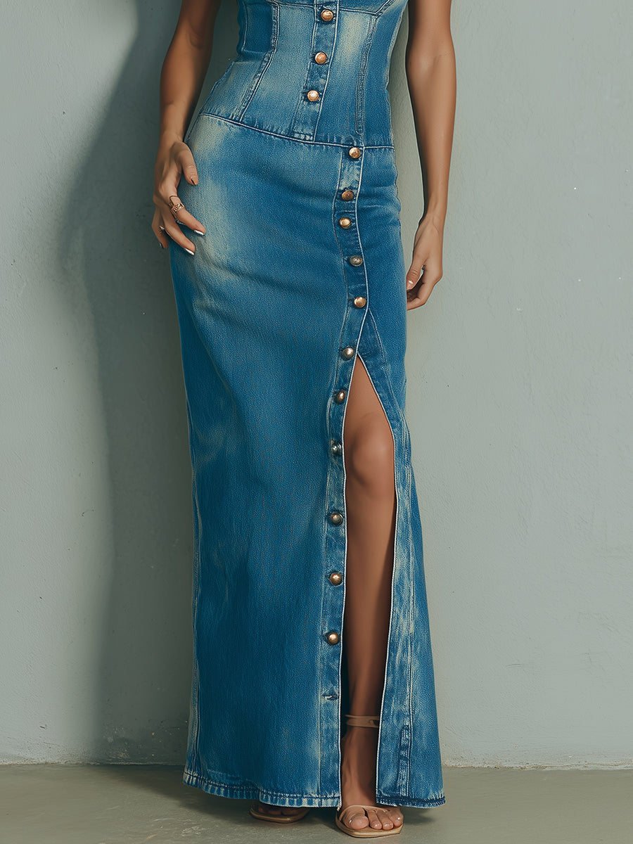 Vintage-wash Button-detail High-slit Denim Maxi Dress