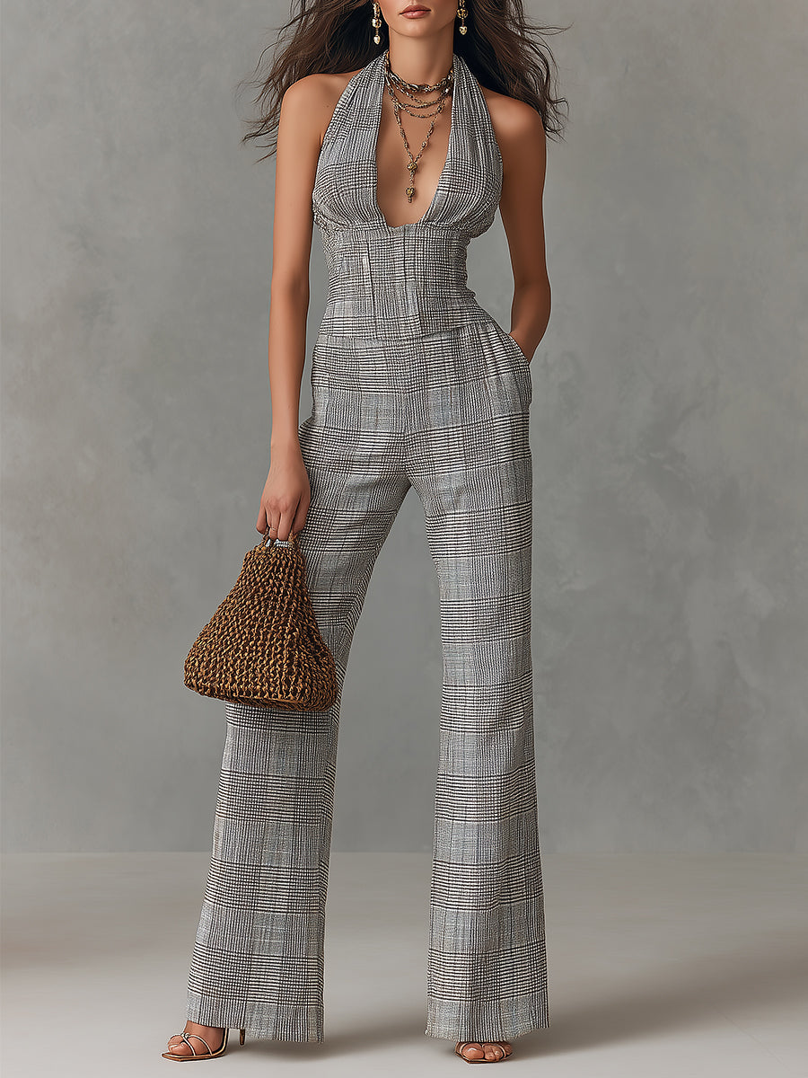 Quiet Luxury Plaid Straight-Leg Halter Jumpsuit