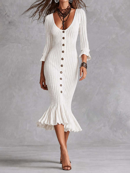 Elegant V Neck Button Front Ribbed Knit Ruffle Cuff Mermaid Midi Dress