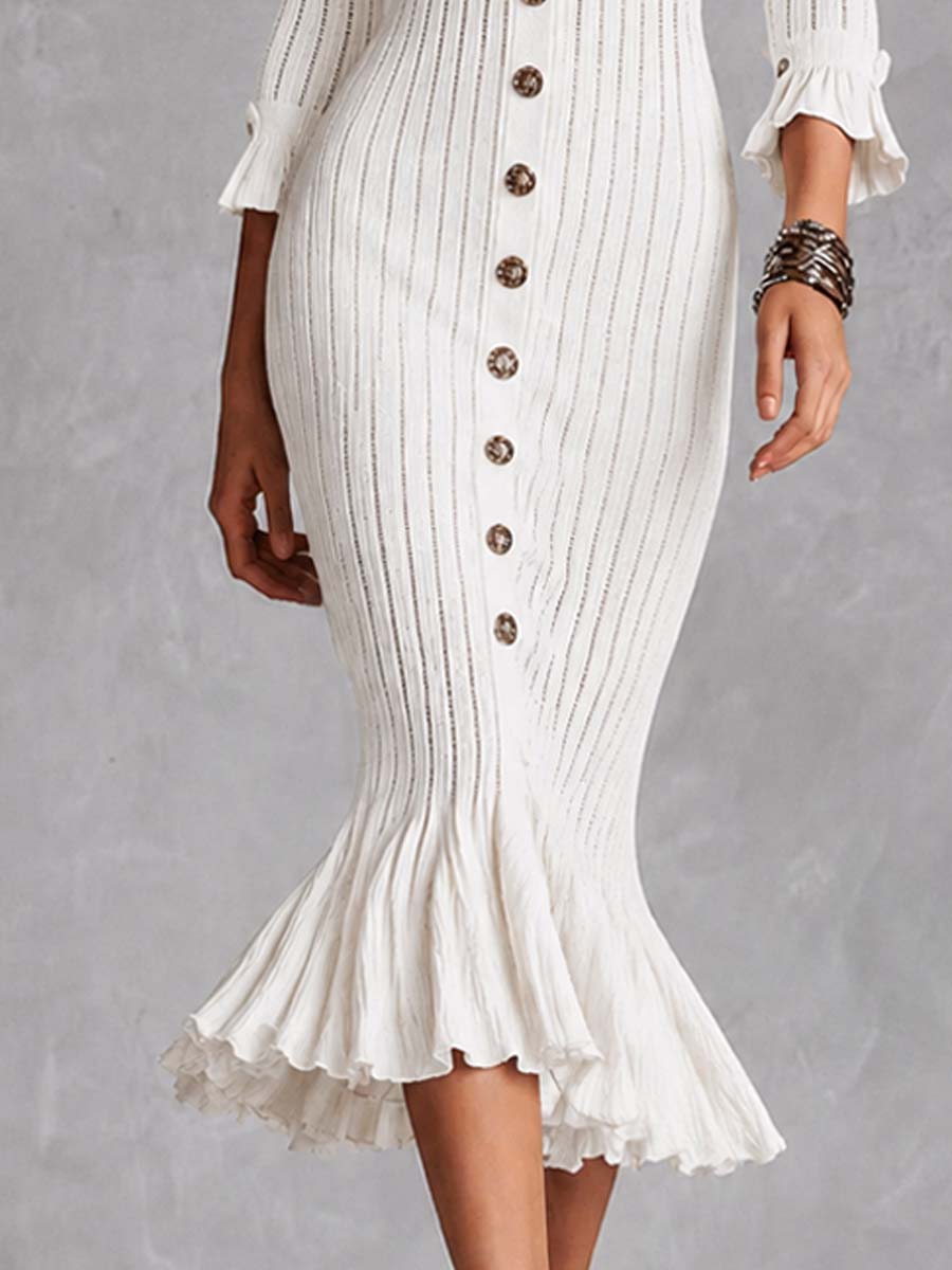 Elegant V Neck Button Front Ribbed Knit Ruffle Cuff Mermaid Midi Dress