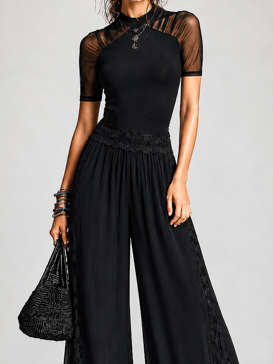 Retro Mesh-Panel Short-Sleeve T-Shirt & Lace-Trim Wide-Leg Pants Set