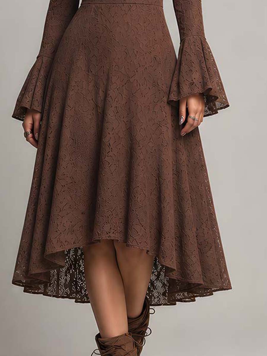 Retro Flare Cuffs Lace Fabric Midi Dress