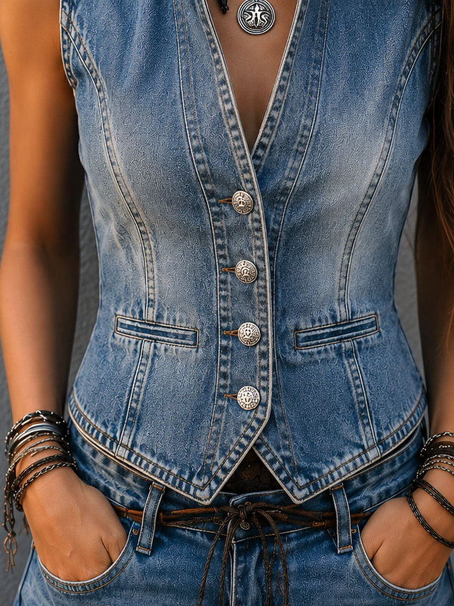 Vintage Stand Collar Wash Denim Button-Front Vest