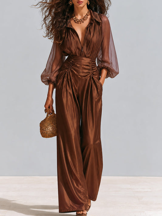 Boho Chiffon Lantern-sleeve Blouse & Pleated Wide-leg Pants Set