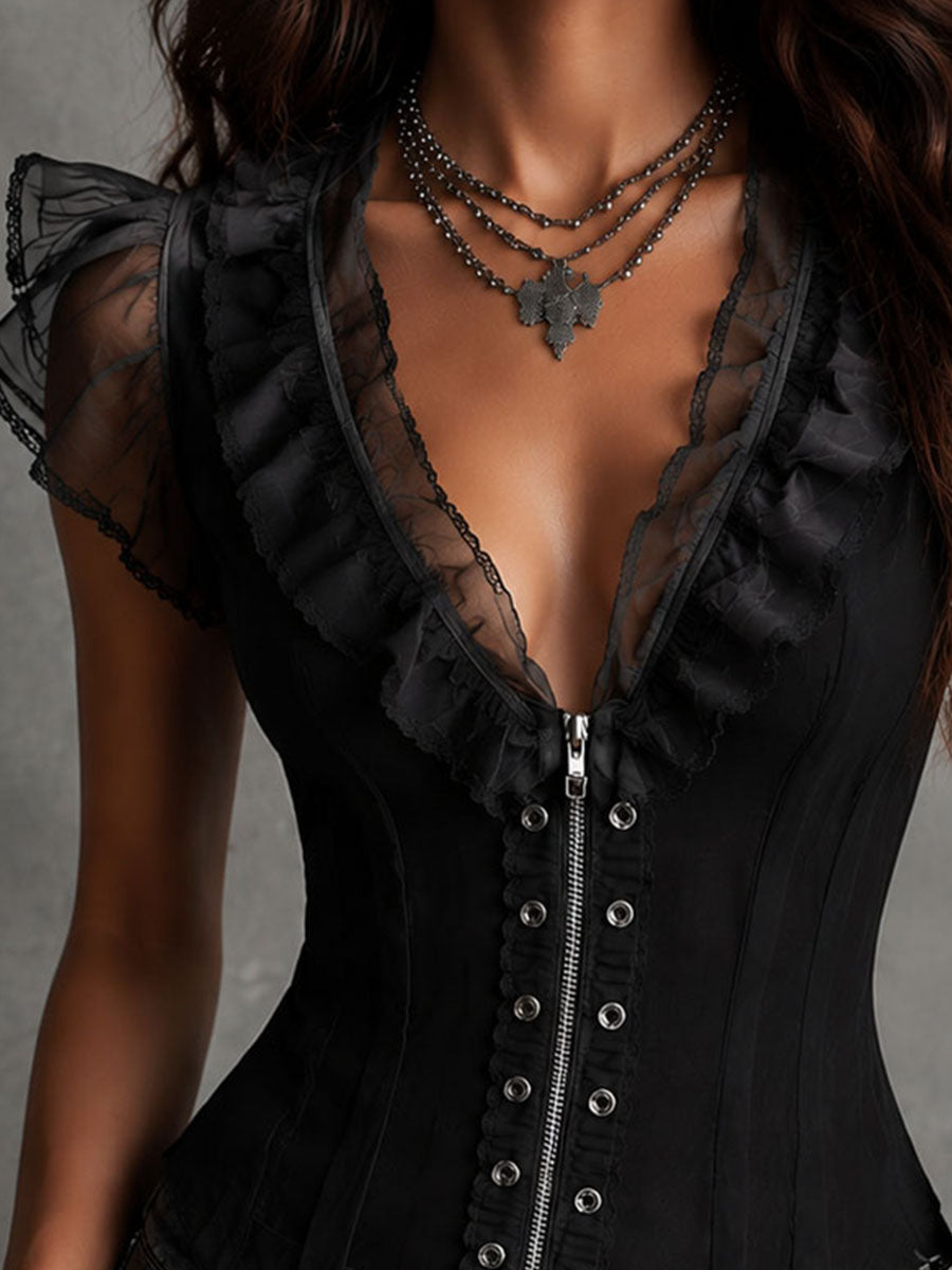 Romantic Gothic Black Ruffled Sheer Corset Blouse