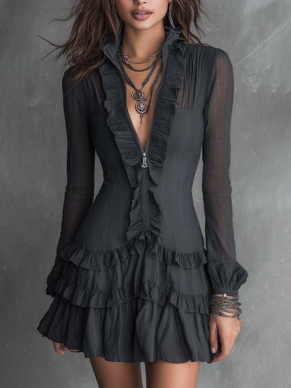Boho Zip Front Ruffle Trim Sheer Long Sleeve Tiered Mini Dress