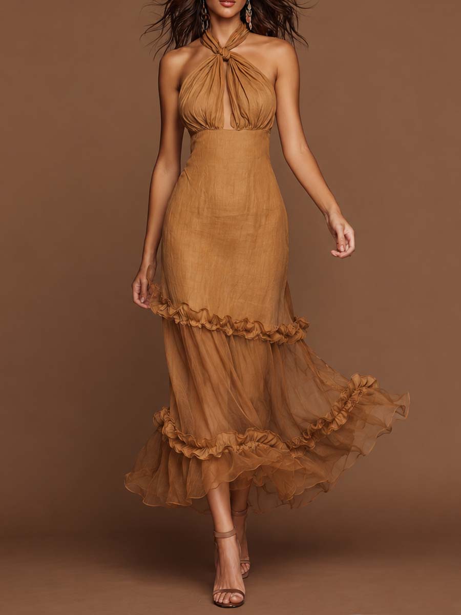 Elegant Tie Halter Keyhole Front Tiered Ruffle Tencel-linen Blend Midi Dress