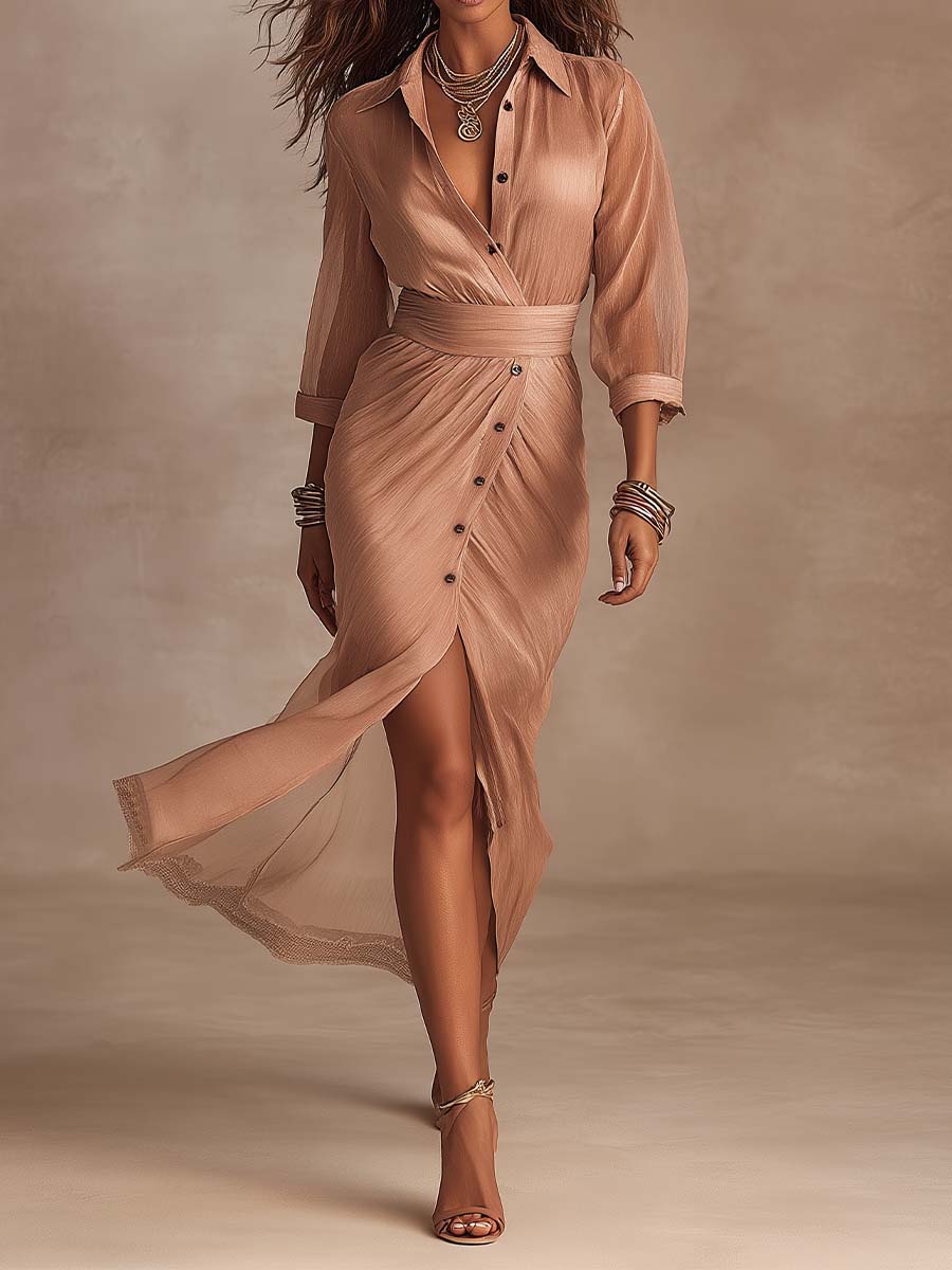 Refined Casual Tencel-Linen Blend Wrap Shirt Midi Dress