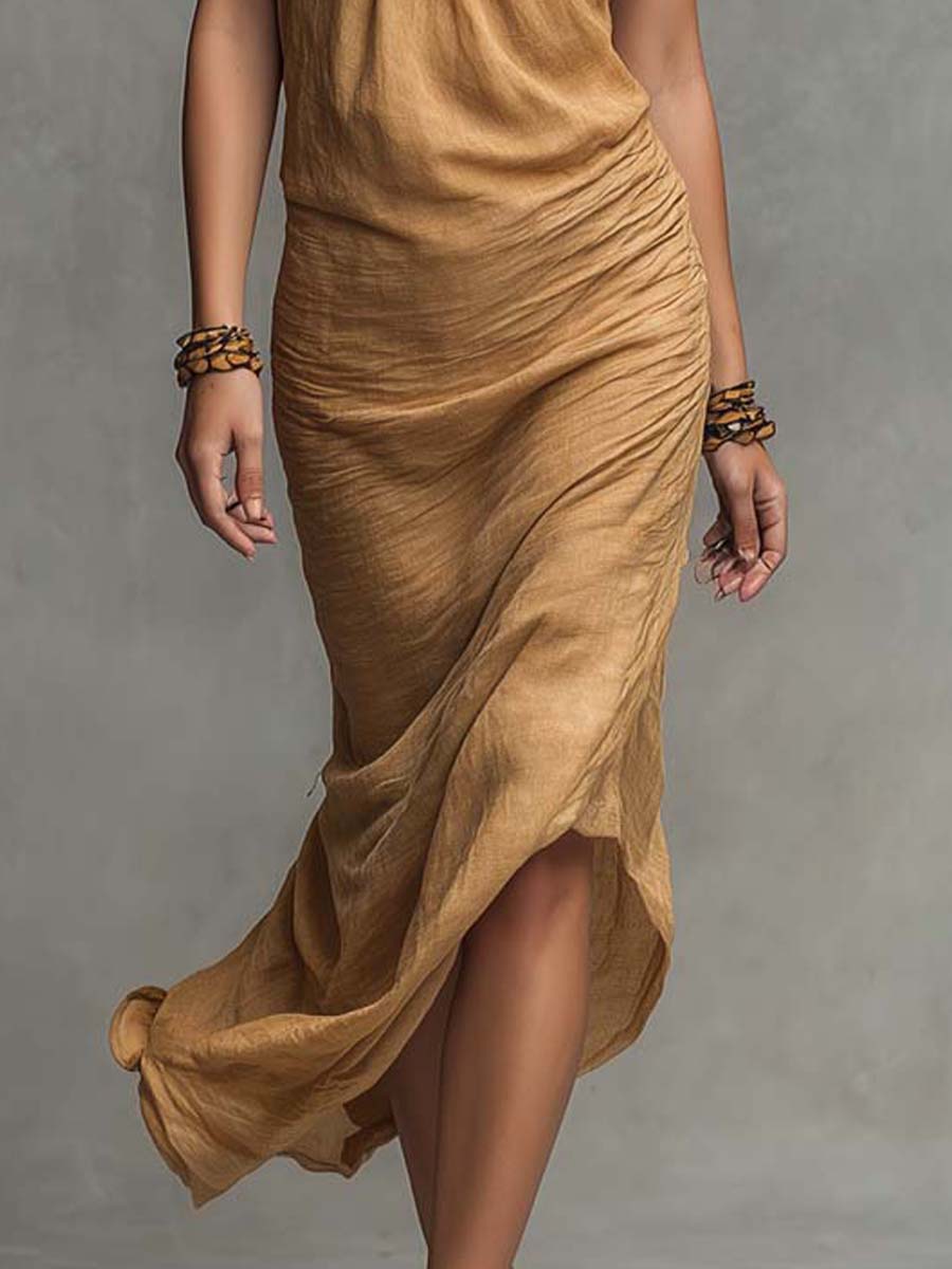 Boho Cross Halter Ruched Linen Midi Dress