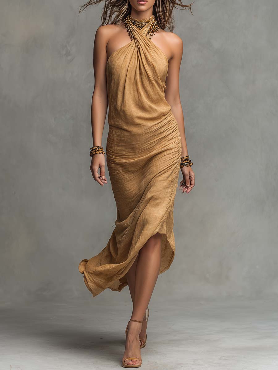 Boho Cross Halter Ruched Linen Midi Dress