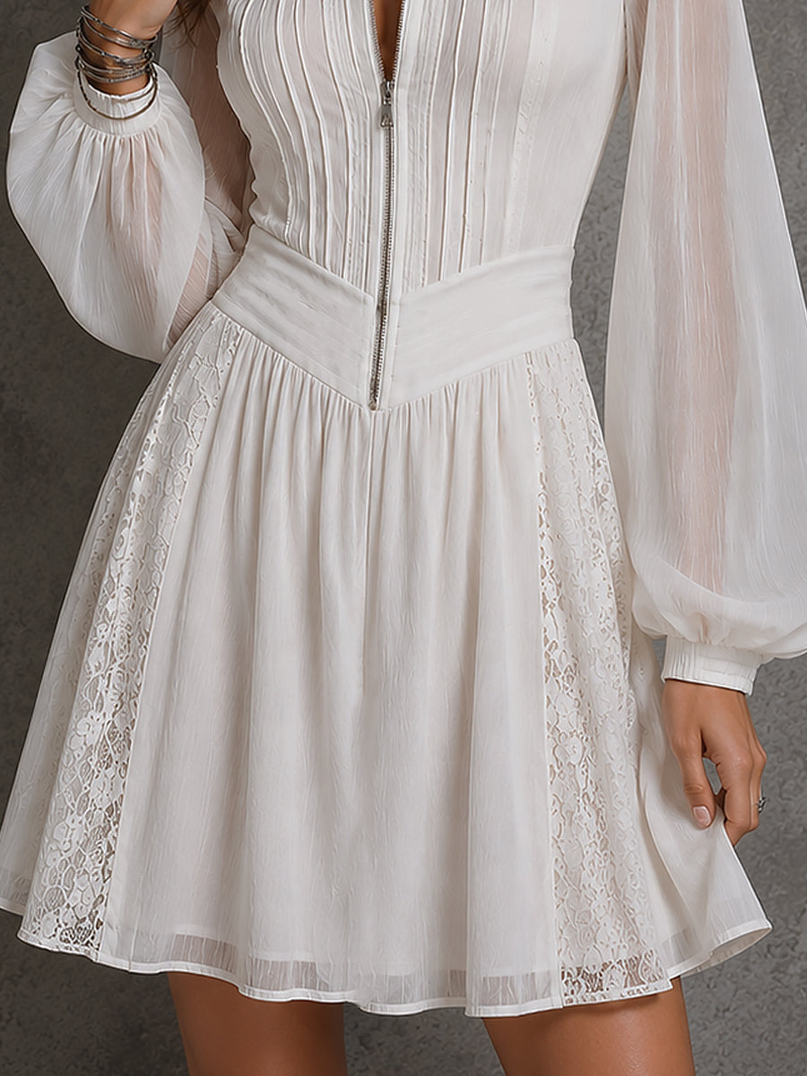 Vintage Front Zipper Chiffon Mini Dress With Lantern Sleeves