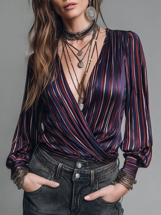 Retro Striped Satin Blouse With A Crossover Neckline