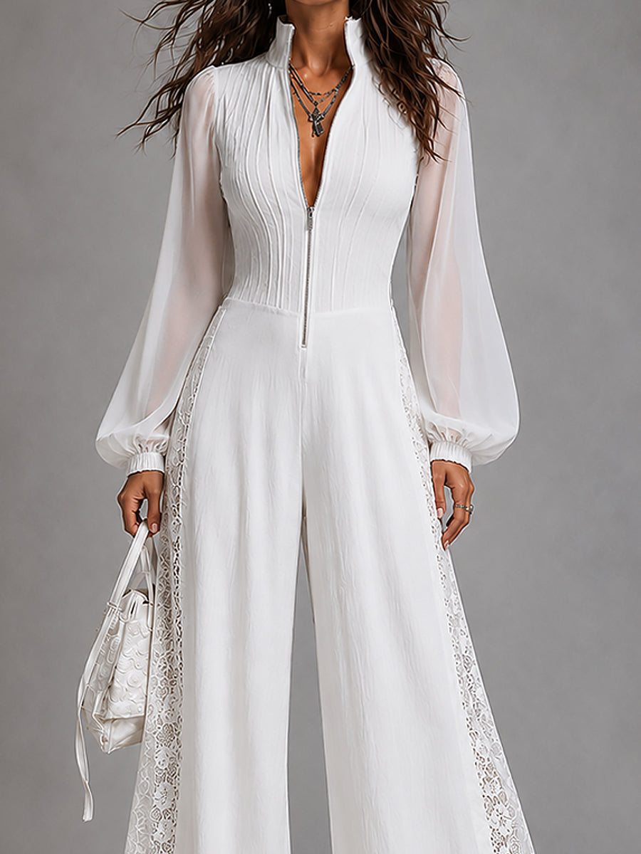Boho Stand Collar Lace Trim Wide-leg Jumpsuit With Front Zipper