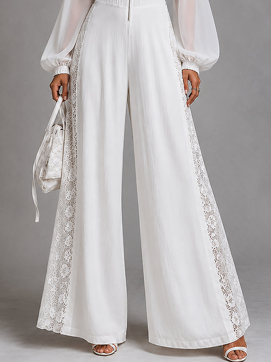Boho Stand Collar Lace Trim Wide-leg Jumpsuit With Front Zipper