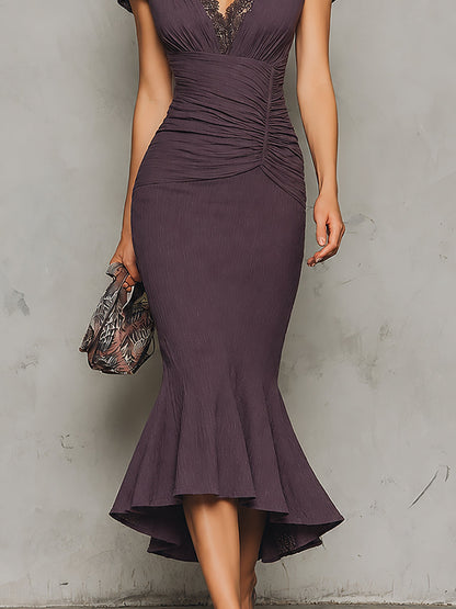 Elegant Ruffled Sleeves Midi Dress With  A Fishtail Hem