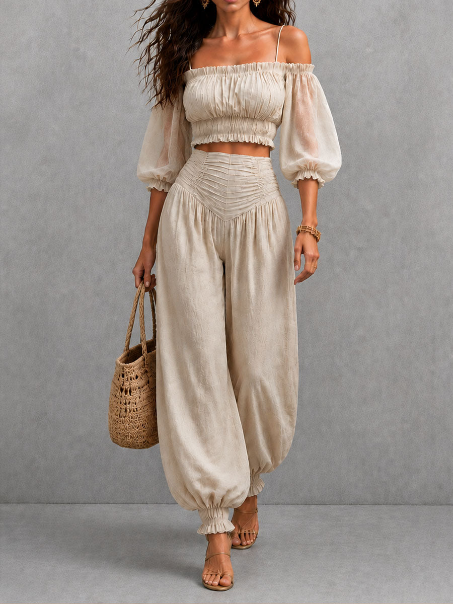 Boho Beige Sheer Sleeve Top And High-Waisted Ruched Pants Two-Piece Set