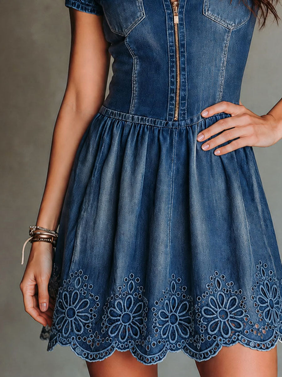 Retro Zip-Front Denim Embroidered Scalloped Hem Mini Dress