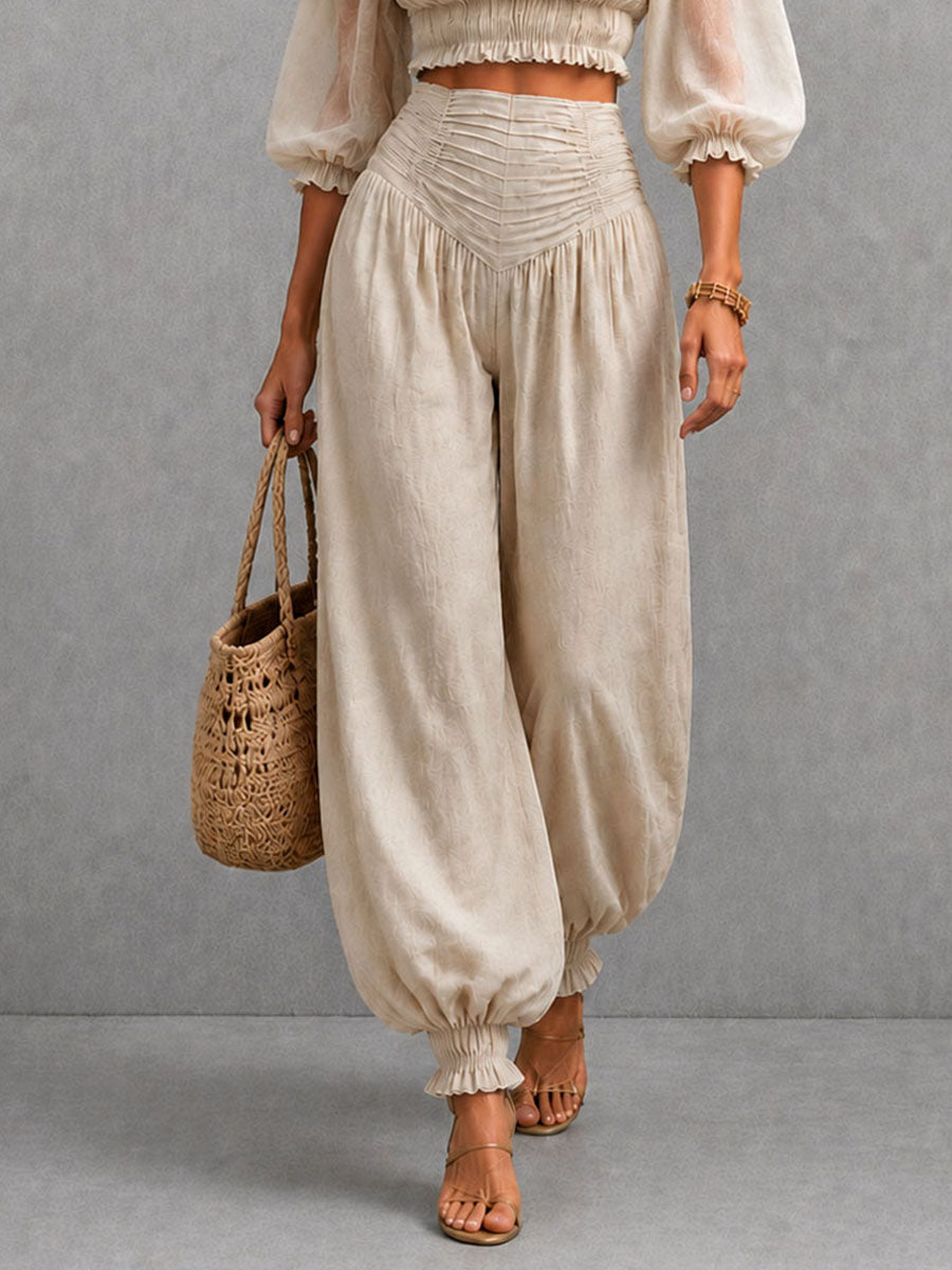 Boho Beige Sheer Sleeve Top And High-Waisted Ruched Pants Two-Piece Set