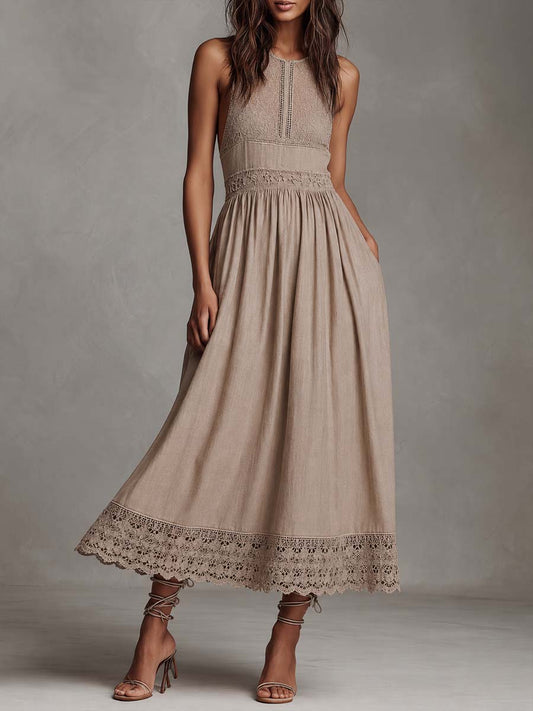 Boho Lace Linen Sleeveless Midi Dress