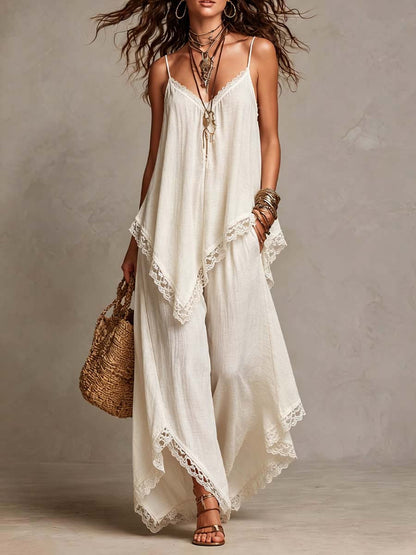 Boho Lace Trim Linen Cami Wide Leg Pants Set