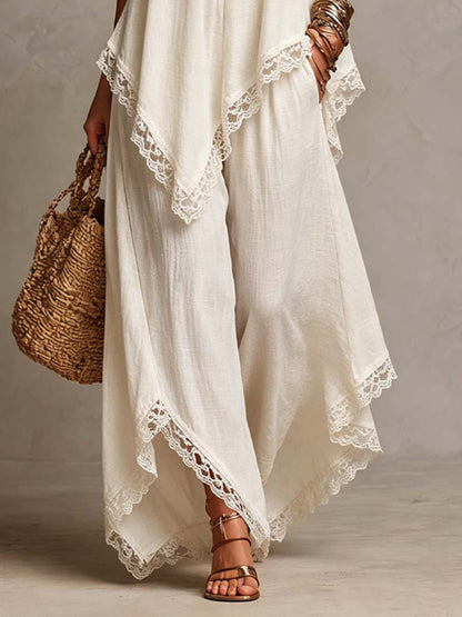 Boho Lace Trim Linen Cami Wide Leg Pants Set
