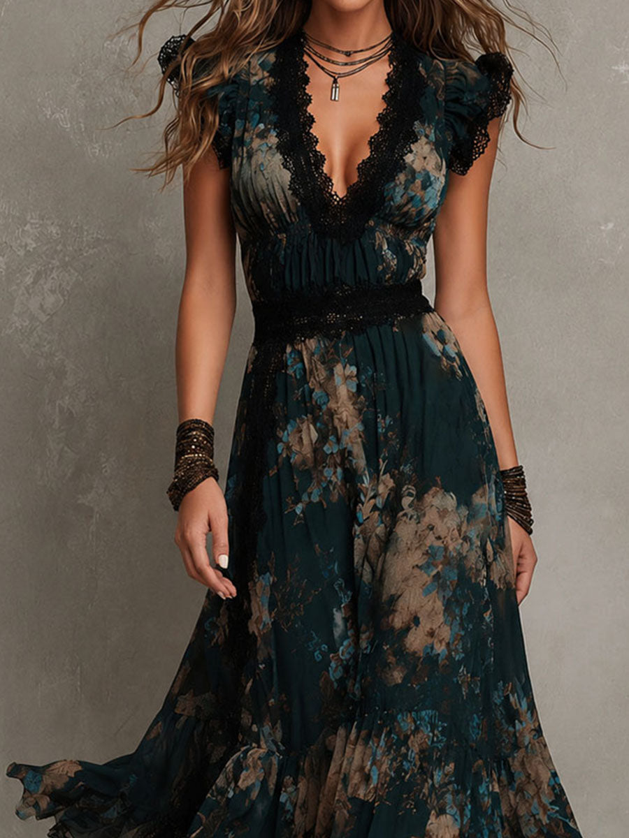 Vacation Boho Dark Floral Chiffon Maxi Dress With Lace Trim