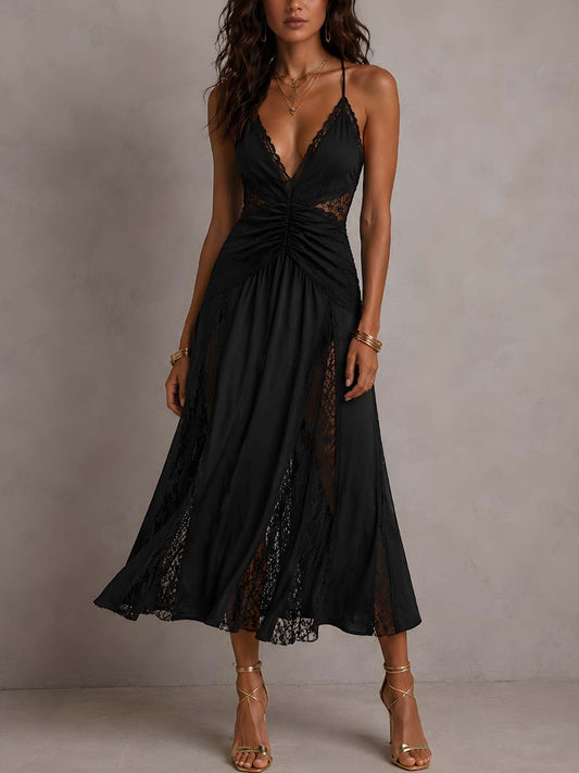 Vintage Spaghetti Straps Lace Panels Midi Dress