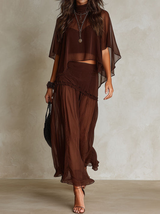 Boho Chocolate Brown Chiffon Sheer Cape Blouse & Wide Leg Pants Two-Piece Set